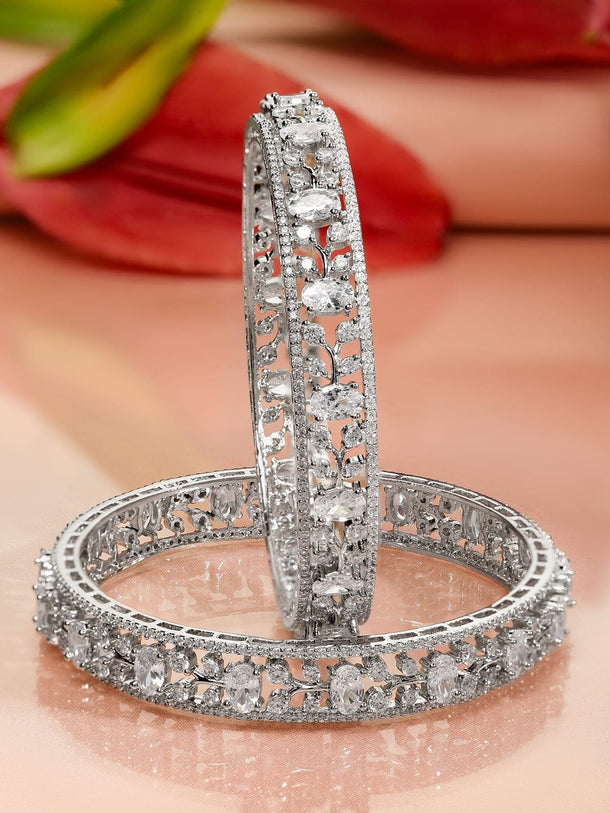 Rubans Set of 2 Rhodium-Plated Cubic Zirconia Studded Floral Premium Bangles Bangles & Bracelets