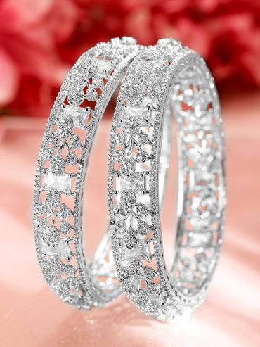 Rubans Set of 2, Rhodium-Plated Cubic Zirconia Studded Premium Handcrafted Bangles Bangles & Bracelets