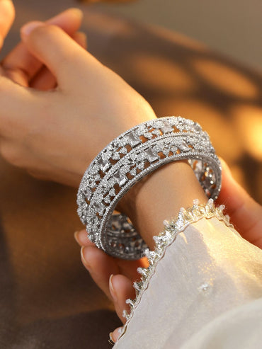 Rubans Set of 2, Rhodium-Plated Cubic Zirconia Studded Premium Handcrafted Bangles Bangles & Bracelets