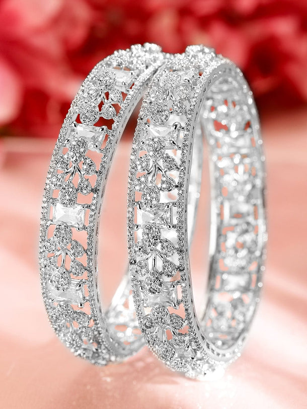 Rubans Set of 2, Rhodium-Plated Cubic Zirconia Studded Premium Handcrafted Bangles Bangles & Bracelets