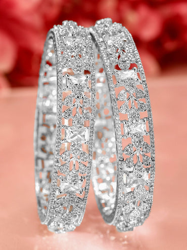 Rubans Set of 2, Rhodium-Plated Cubic Zirconia Studded Premium Handcrafted Bangles Bangles & Bracelets