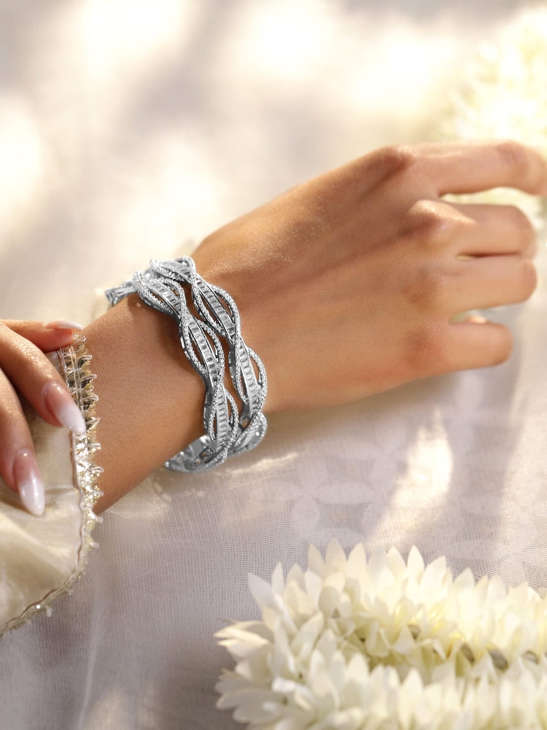 Rubans Set of 2 Rhodium-Plated Cubic Zirconia Studded Twisted Design Premium Bangles Bangles & Bracelets