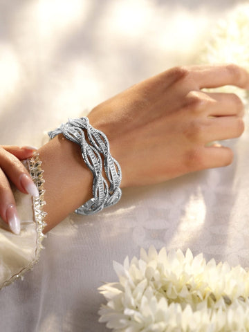 Rubans Set of 2 Rhodium-Plated Cubic Zirconia Studded Twisted Design Premium Bangles Bangles & Bracelets