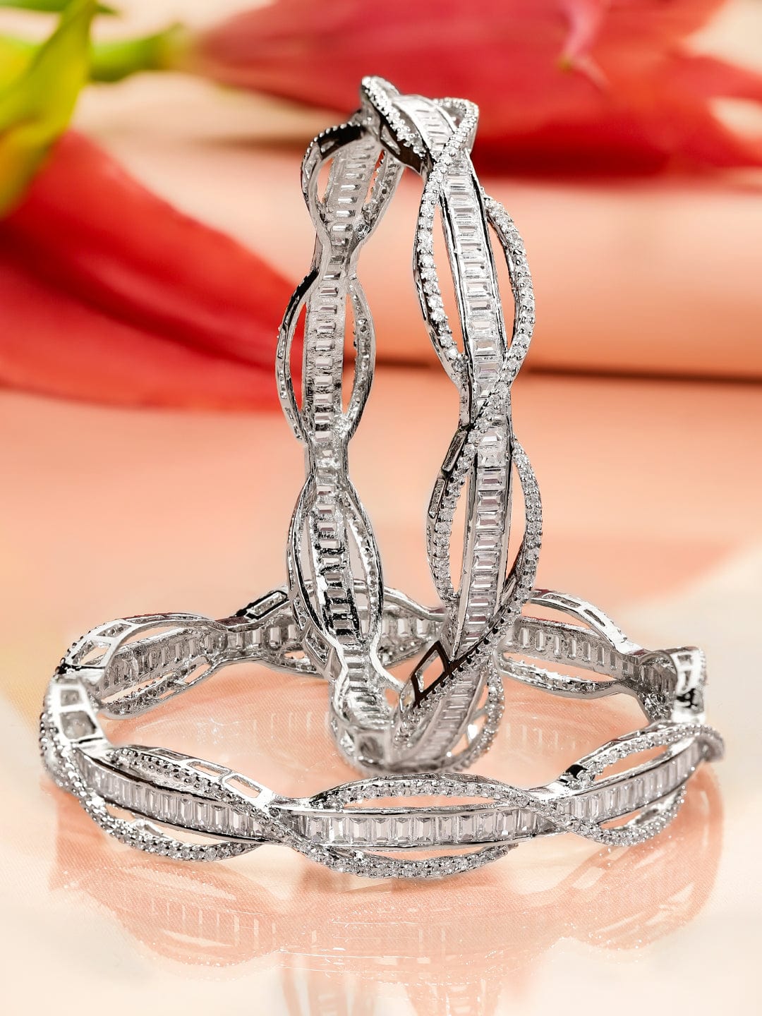Rubans Set of 2 Rhodium-Plated Cubic Zirconia Studded Twisted Design Premium Bangles Bangles & Bracelets