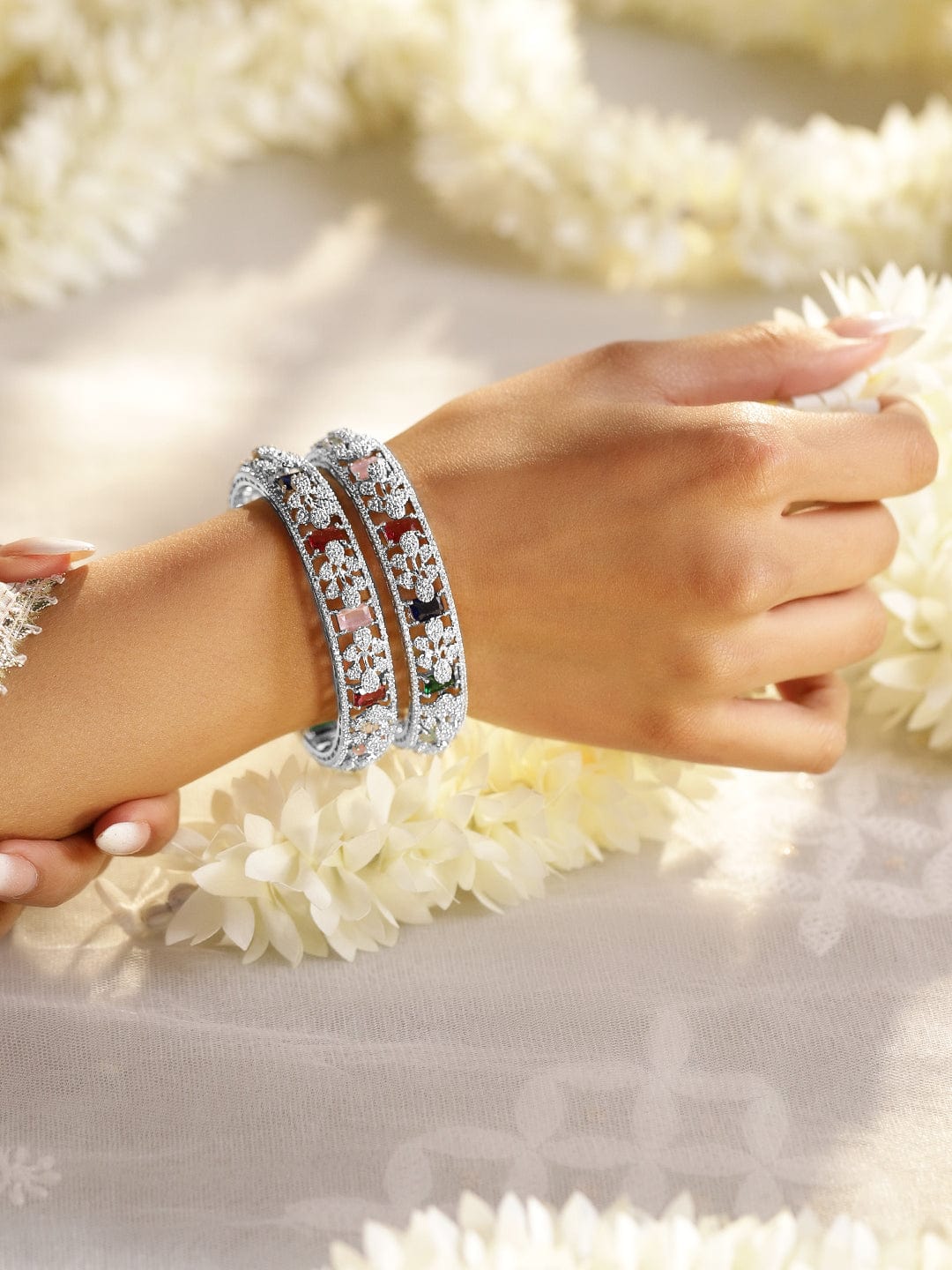 Rubans Set Of 2 Rhodium-Plated CZ Studded Bangles Bangles & Bracelets