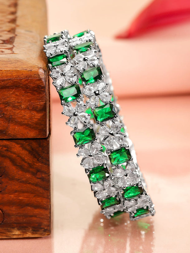 Rubans Set of 2 Rhodium-Plated Emerald Green & White Cubic Zirconia Studded Bangles Bangles & Bracelets