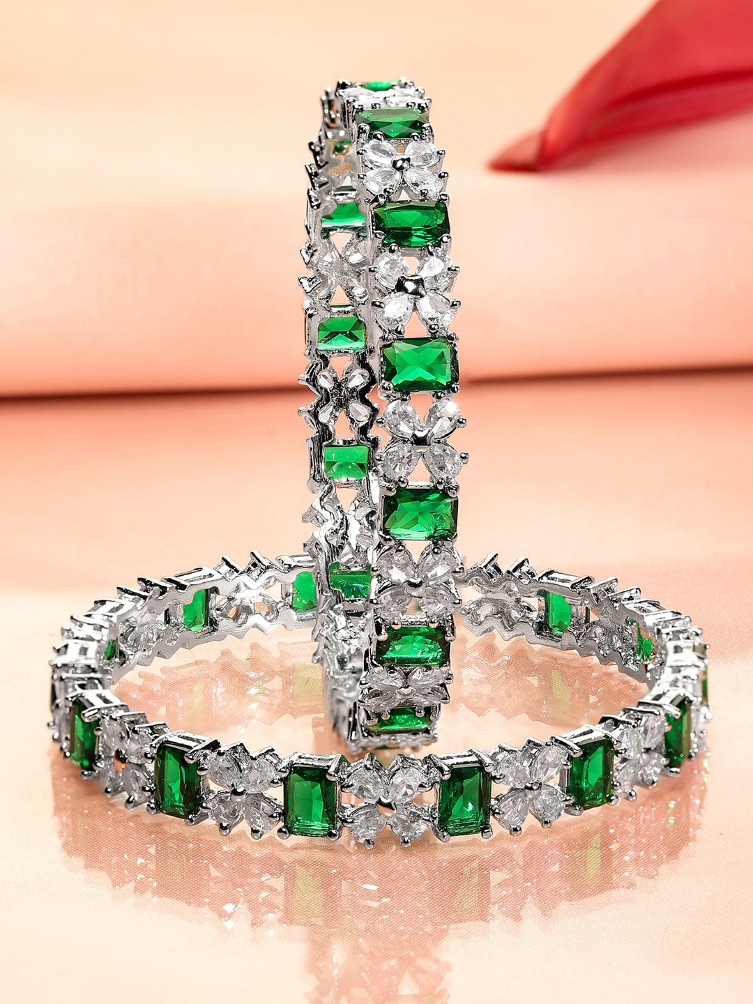 Rubans Set of 2 Rhodium-Plated Emerald Green & White Cubic Zirconia Studded Bangles Bangles & Bracelets