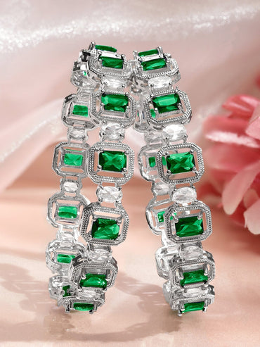 Rubans Set of 2 Rhodium-Plated Emerald Green & White Cubic Zirconia Studded Floral Bangles Bangles & Bracelets