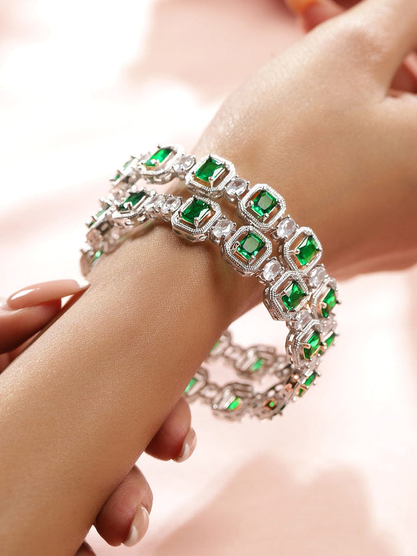 Rubans Set of 2 Rhodium-Plated Emerald Green & White Cubic Zirconia Studded Floral Bangles Bangles & Bracelets