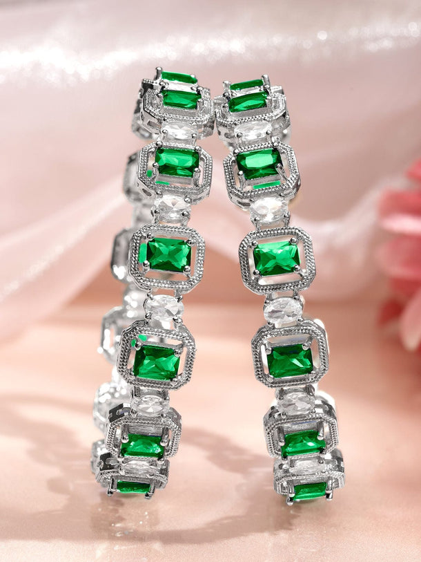 Rubans Set of 2 Rhodium-Plated Emerald Green & White Cubic Zirconia Studded Floral Bangles Bangles & Bracelets