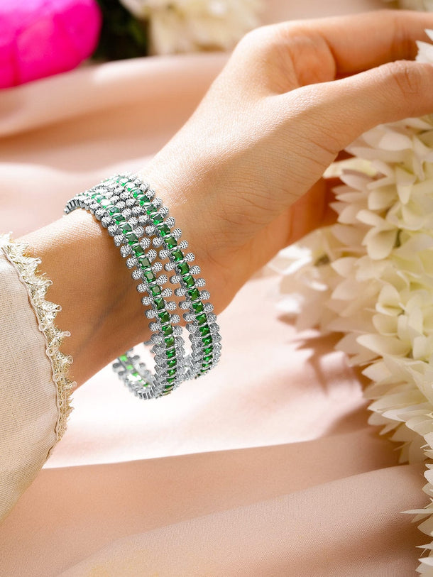 Rubans Set of 2 Rhodium-Plated Emerald Green & White Cubic Zirconia Studded Luxe Bangles Bangles