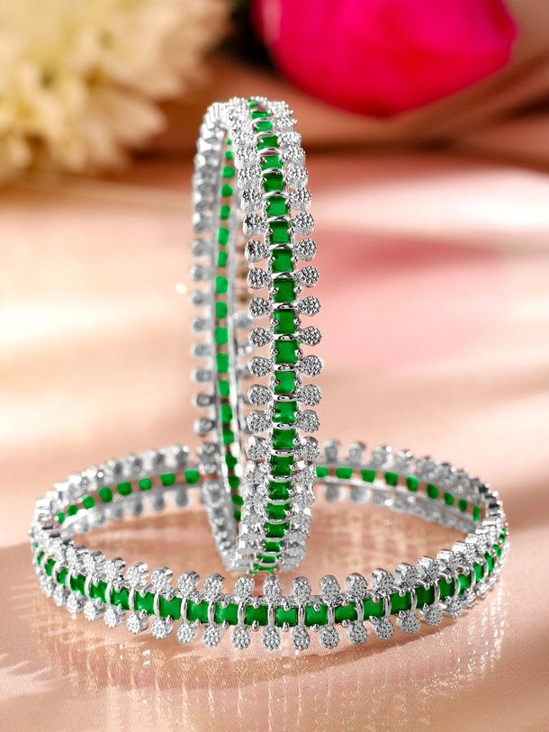 Rubans Set of 2 Rhodium-Plated Emerald Green & White Cubic Zirconia Studded Luxe Bangles Bangles