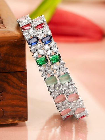 Rubans Set of 2 Rhodium-Plated Multicolor AD & Cubic Zirconia Studded Floral Bangles Bangles & Bracelets