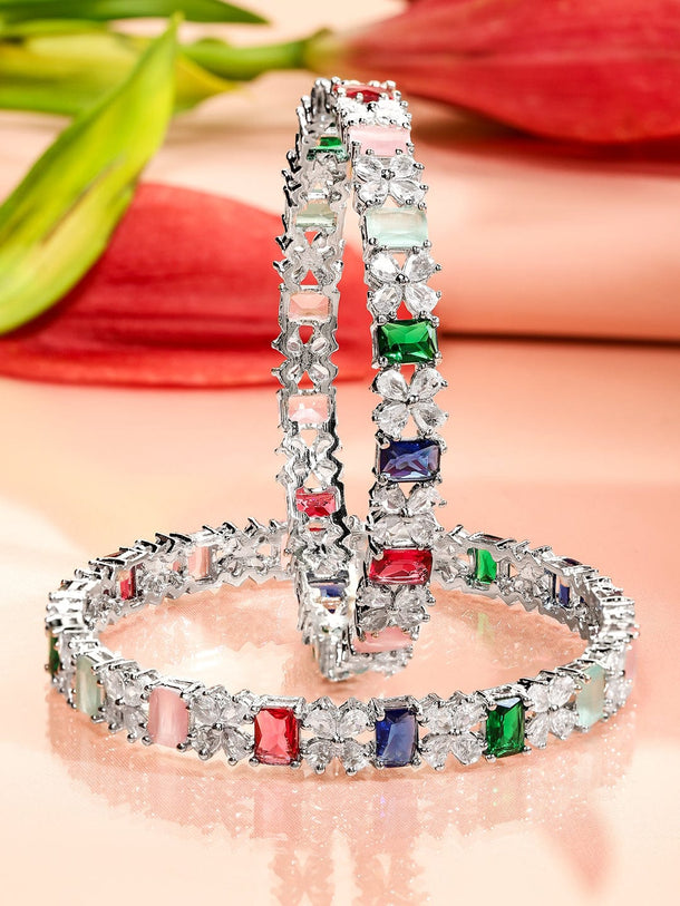 Rubans Set of 2 Rhodium-Plated Multicolor AD & Cubic Zirconia Studded Floral Bangles Bangles & Bracelets