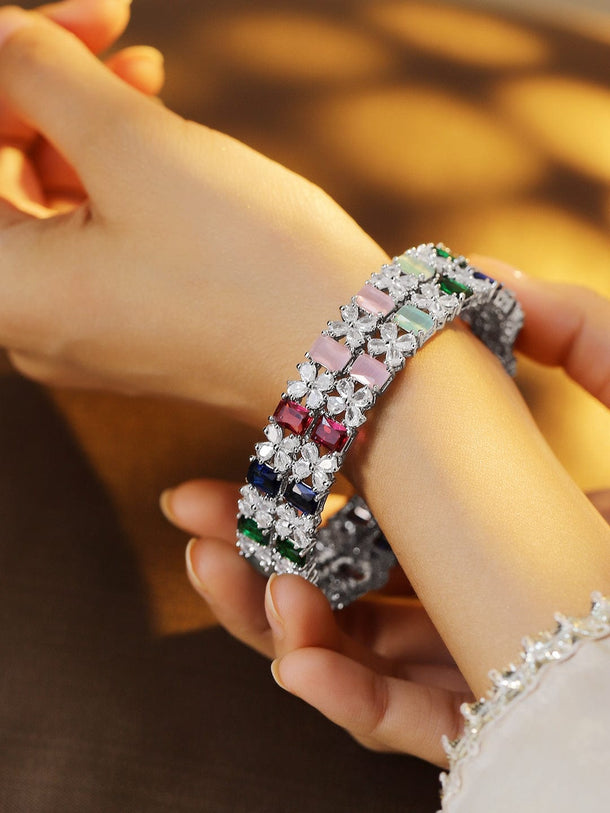 Rubans Set of 2 Rhodium-Plated Multicolor AD & Cubic Zirconia Studded Floral Bangles Bangles & Bracelets