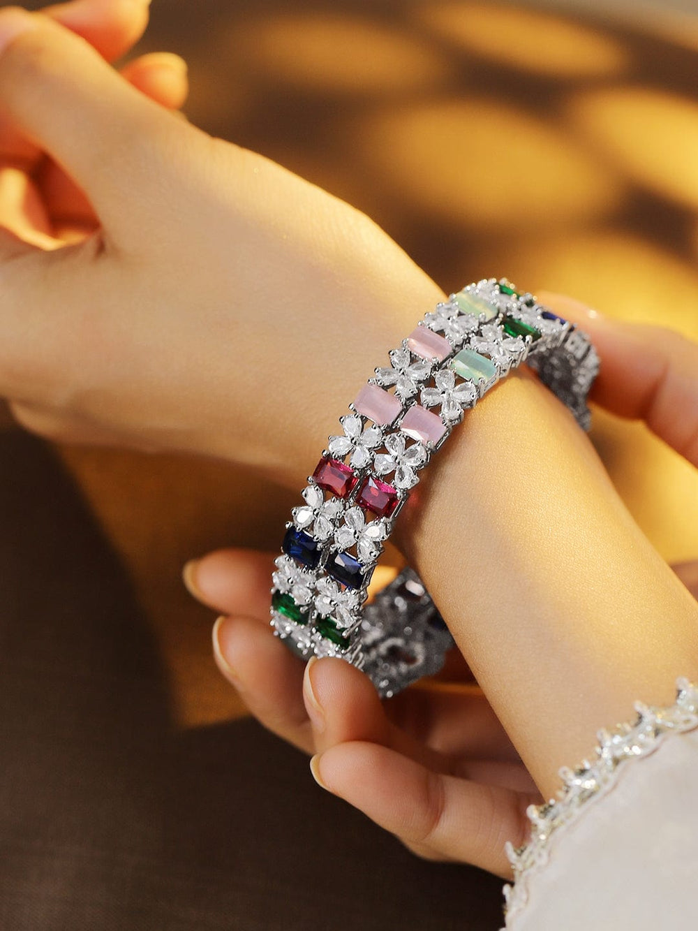 Rubans Set of 2 Rhodium-Plated Multicolor AD & Cubic Zirconia Studded Floral Bangles Bangles & Bracelets