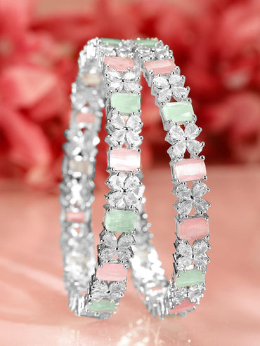 Rubans Set of 2 Rhodium-Plated Pastel Green & Pink and White Cubic Zirconia Studded Bangles Bangles & Bracelets