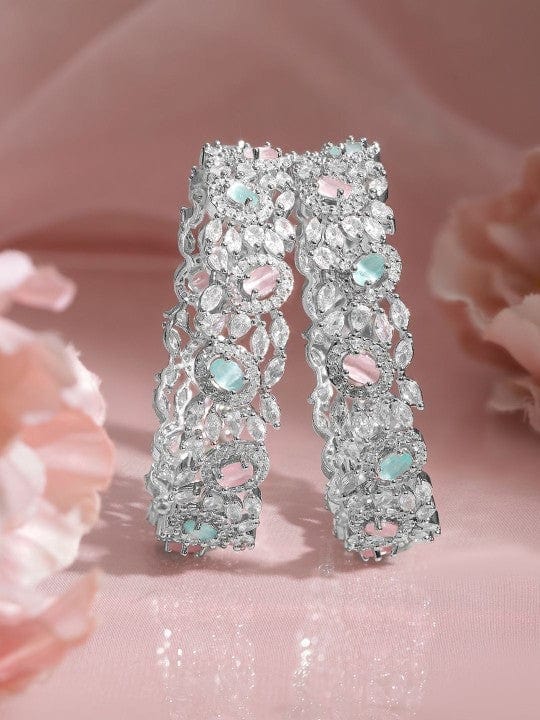 Rubans Set of 2 Rhodium Plated Pastel Pink, Light Blue & White Cubic Zirconia Studded Premium Bangles Bangles & Bracelets