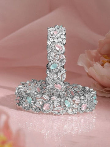 Rubans Set of 2 Rhodium Plated Pastel Pink, Light Blue & White Cubic Zirconia Studded Premium Bangles Bangles & Bracelets