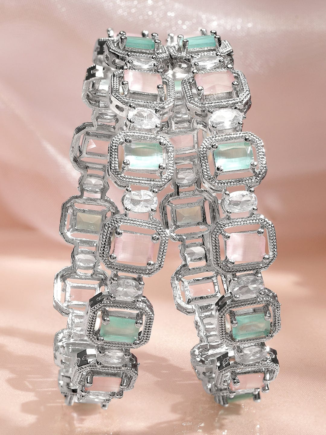 Rubans Set of 2 Rhodium-Plated Pastel Pink, Mint Green & White Zirconia Studded Bangles Bangles & Bracelets