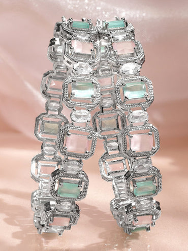Rubans Set of 2 Rhodium-Plated Pastel Pink, Mint Green & White Zirconia Studded Bangles Bangles & Bracelets