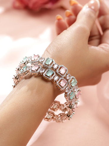 Rubans Set of 2 Rhodium-Plated Pastel Pink, Mint Green & White Zirconia Studded Bangles Bangles & Bracelets