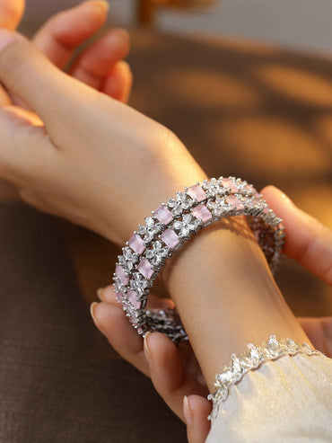 Rubans Set of 2 Rhodium-Plated Pastel Pink & White Cubic Zirconia Studded Bangles Bangles & Bracelets