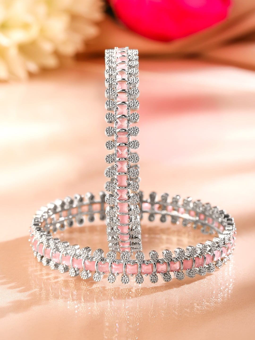 Rubans Set of 2 Rhodium-Plated Pastel Pink & White Cubic Zirconia Studded Luxe Bangles Bangles & Bracelets
