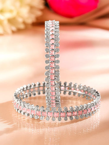 Rubans Set of 2 Rhodium-Plated Pastel Pink & White Cubic Zirconia Studded Luxe Bangles Bangles & Bracelets