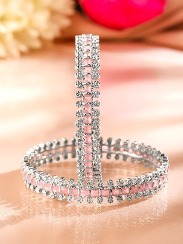 Rubans Set of 2 Rhodium-Plated Pastel Pink & White Cubic Zirconia Studded Luxe Bangles Bangles & Bracelets
