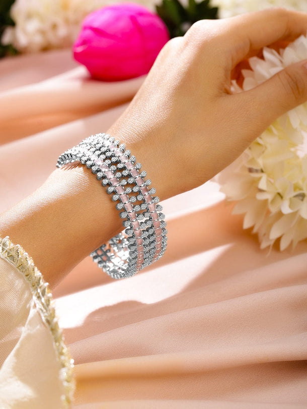 Rubans Set of 2 Rhodium-Plated Pastel Pink & White Cubic Zirconia Studded Luxe Bangles Bangles & Bracelets