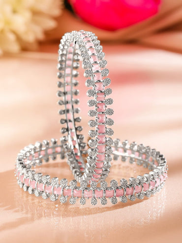 Rubans Set of 2 Rhodium-Plated Pastel Pink & White Cubic Zirconia Studded Luxe Bangles Bangles & Bracelets