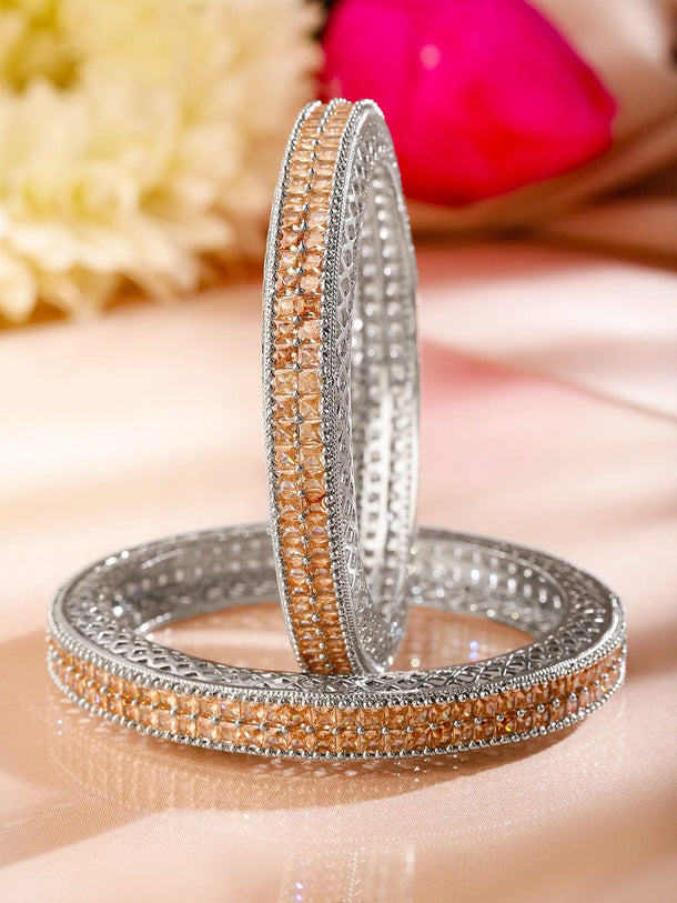 Rubans Set of 2 Rhodium-Plated Peach Cubic Zirconia Studded Handcrafted Premium Bangles Bangles