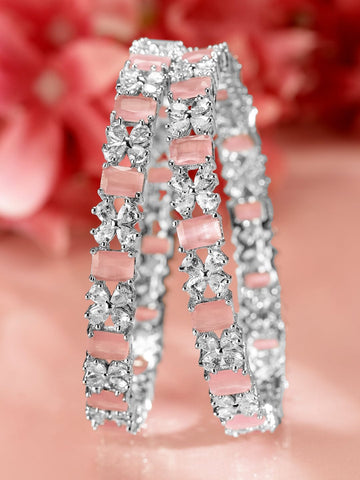 Rubans Set Of 2 Rhodium-Plated Pink CZ Studded Bangles Bangles & Bracelets