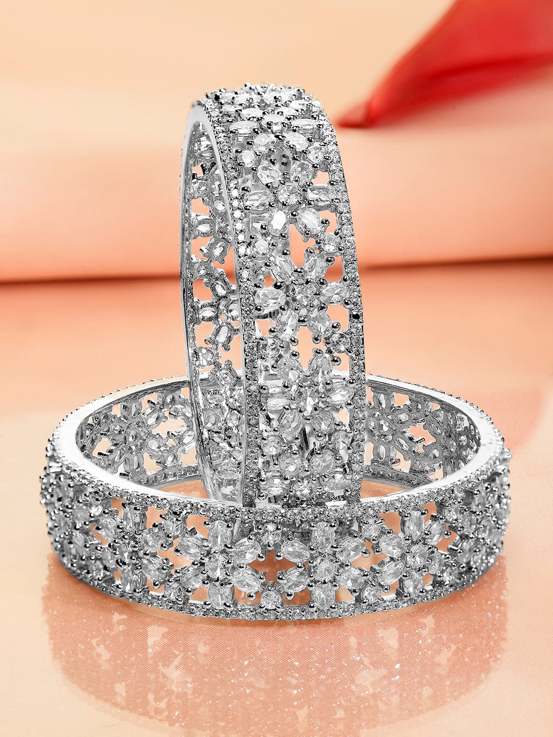 Rubans Set of 2 Rhodium Plated Premium Quality White AD & Cubic Zirconia Studded Bangles Bangles & Bracelets