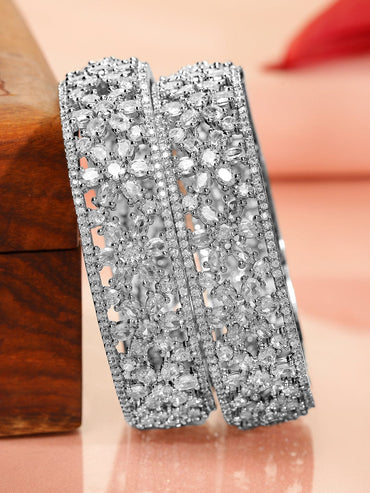 Rubans Set of 2 Rhodium Plated Premium Quality White AD & Cubic Zirconia Studded Bangles Bangles & Bracelets