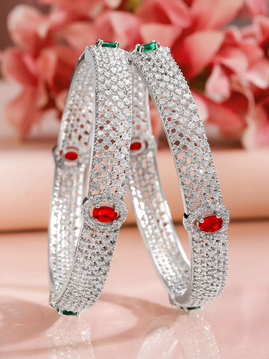 Rubans Set of 2 Rhodium-Plated Ruby Emerald and Cubic Zirconia Studded Premium Bangles Bangles & Bracelets