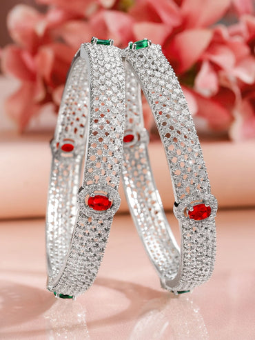 Rubans Set of 2 Rhodium-Plated Ruby Emerald and Cubic Zirconia Studded Premium Bangles Bangles & Bracelets