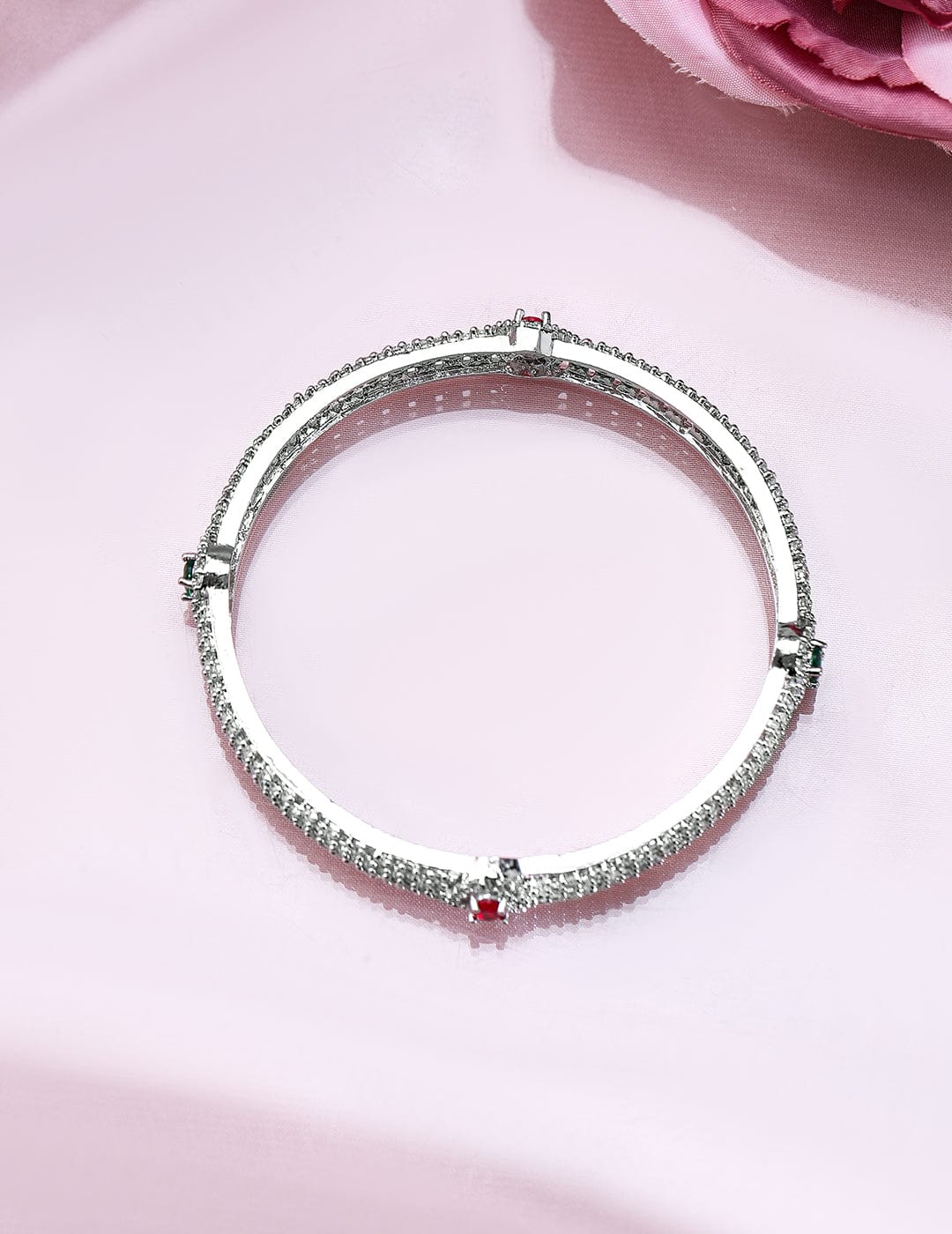 Rubans Set of 2 Rhodium-Plated Ruby Emerald and Cubic Zirconia Studded Premium Bangles Wristwear