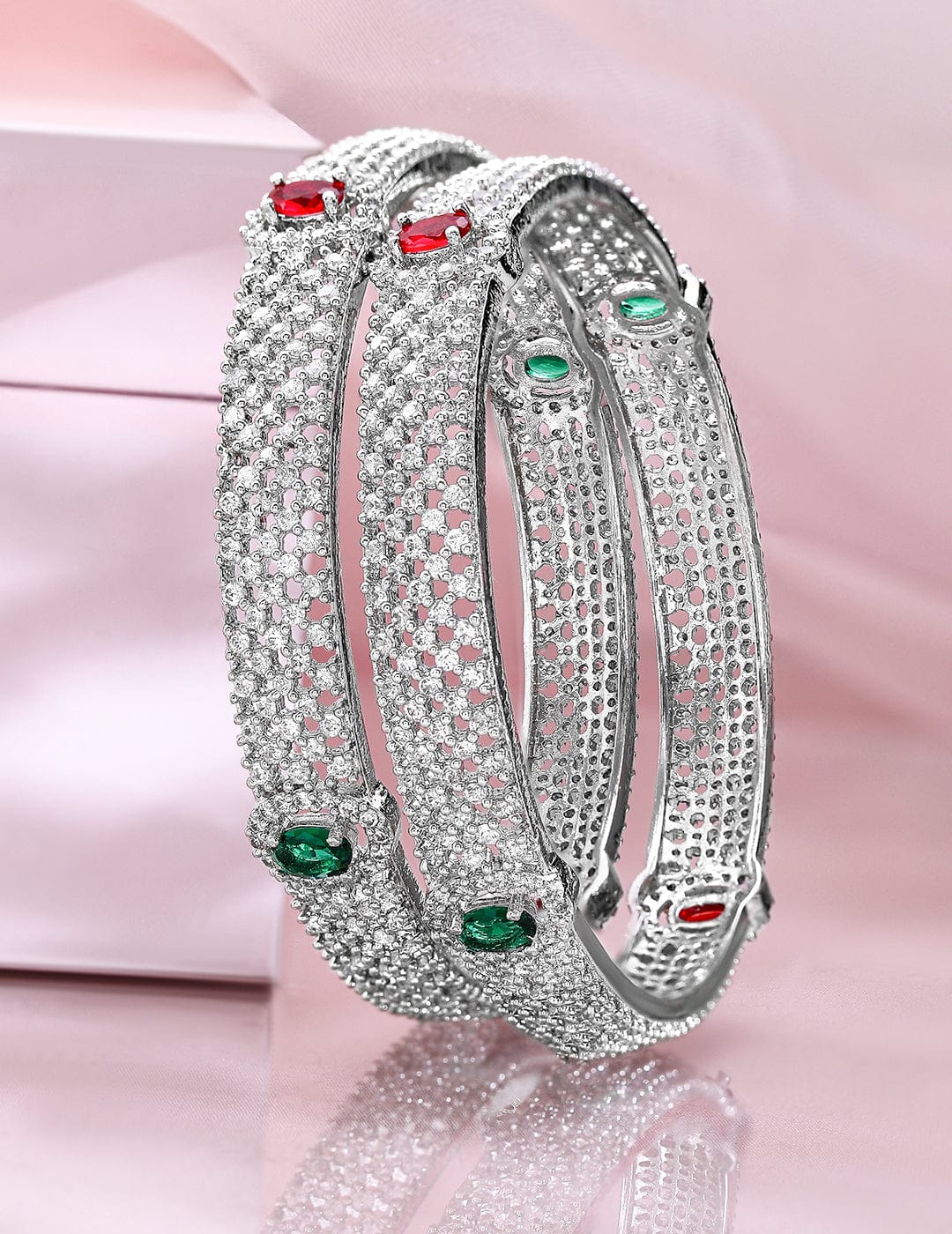 Rubans Set of 2 Rhodium-Plated Ruby Emerald and Cubic Zirconia Studded Premium Bangles Wristwear