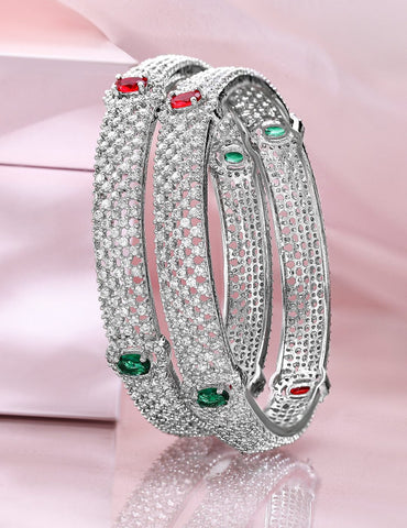 Rubans Set of 2 Rhodium-Plated Ruby Emerald and Cubic Zirconia Studded Premium Bangles Wristwear