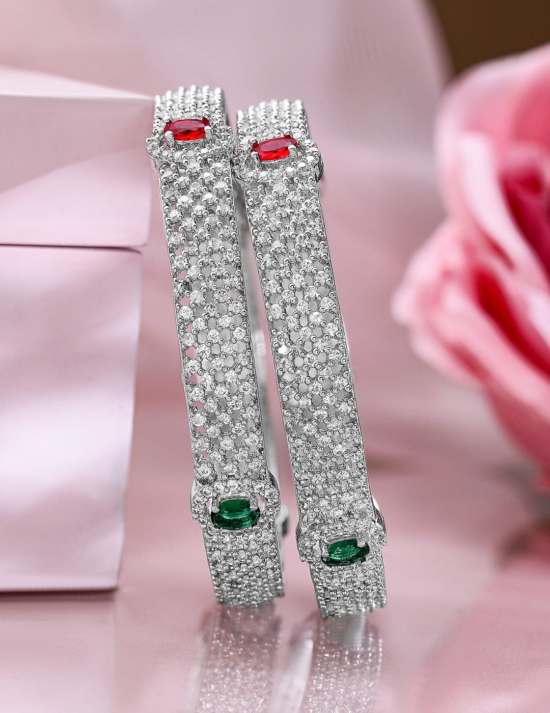 Rubans Set of 2 Rhodium-Plated Ruby Emerald and Cubic Zirconia Studded Premium Bangles Wristwear