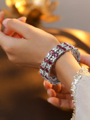 Rubans Set of 2 Rhodium-Plated Ruby Pink & White Cubic Zirconia Studded Floral Bangles Bangles & Bracelets