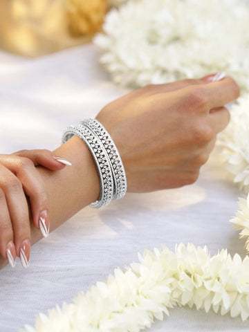 Rubans Set of 2 Rhodium-Plated Silver-Tone Cubic Zirconia Studded Elegant Bangles Set Bangles & Bracelets