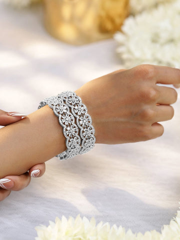 Rubans Set of 2 Rhodium-Plated Silver-Tone Cubic Zirconia Studded Intricate Bangles Set Bangles & Bracelets