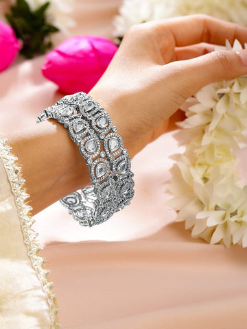 Rubans Set of 2 Rhodium-Plated Teardrop Cubic Zirconia Studded Handcrafted Premium Bangles for Women Bangles & Bracelets