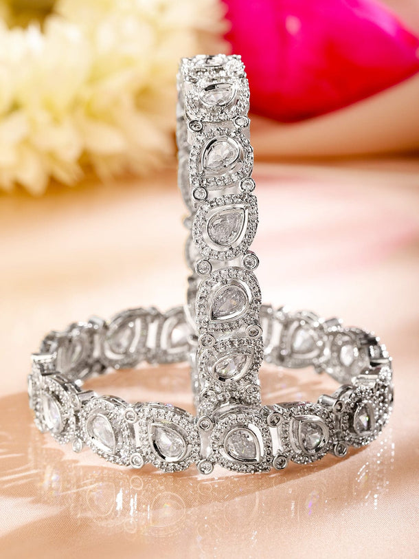 Rubans Set of 2 Rhodium-Plated Teardrop Cubic Zirconia Studded Handcrafted Premium Bangles for Women Bangles & Bracelets