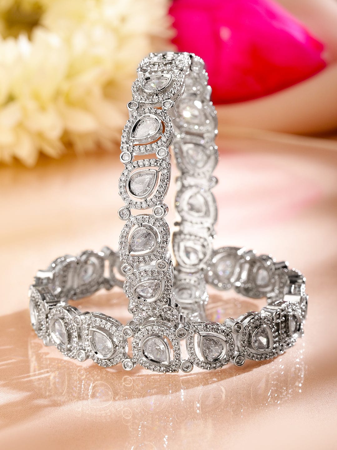 Rubans Set of 2 Rhodium-Plated Teardrop Cubic Zirconia Studded Handcrafted Premium Bangles for Women Bangles & Bracelets