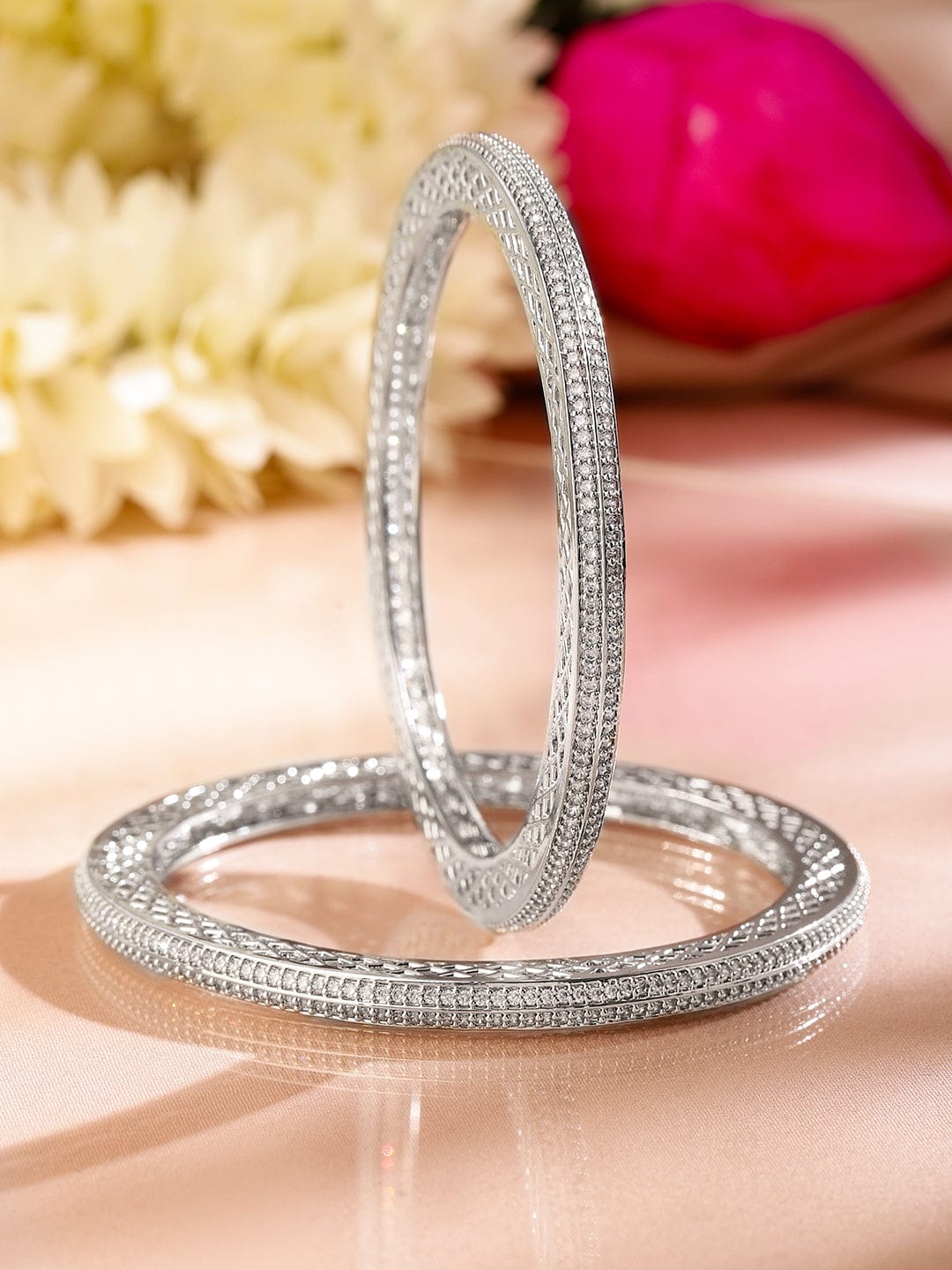 Rubans Set of 2 Rhodium-Plated White Cubic Zirconia Studded Classic Premium Bangles for Women Bangles & Bracelets