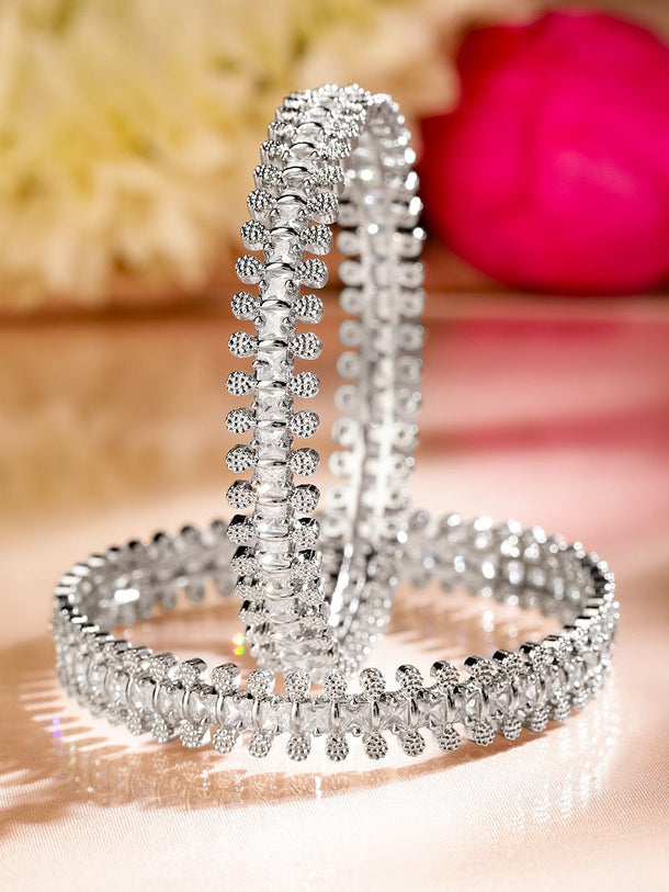 Rubans Set of 2 Rhodium-Plated White Cubic Zirconia Studded Handcrafted Luxe Bangles Bangles